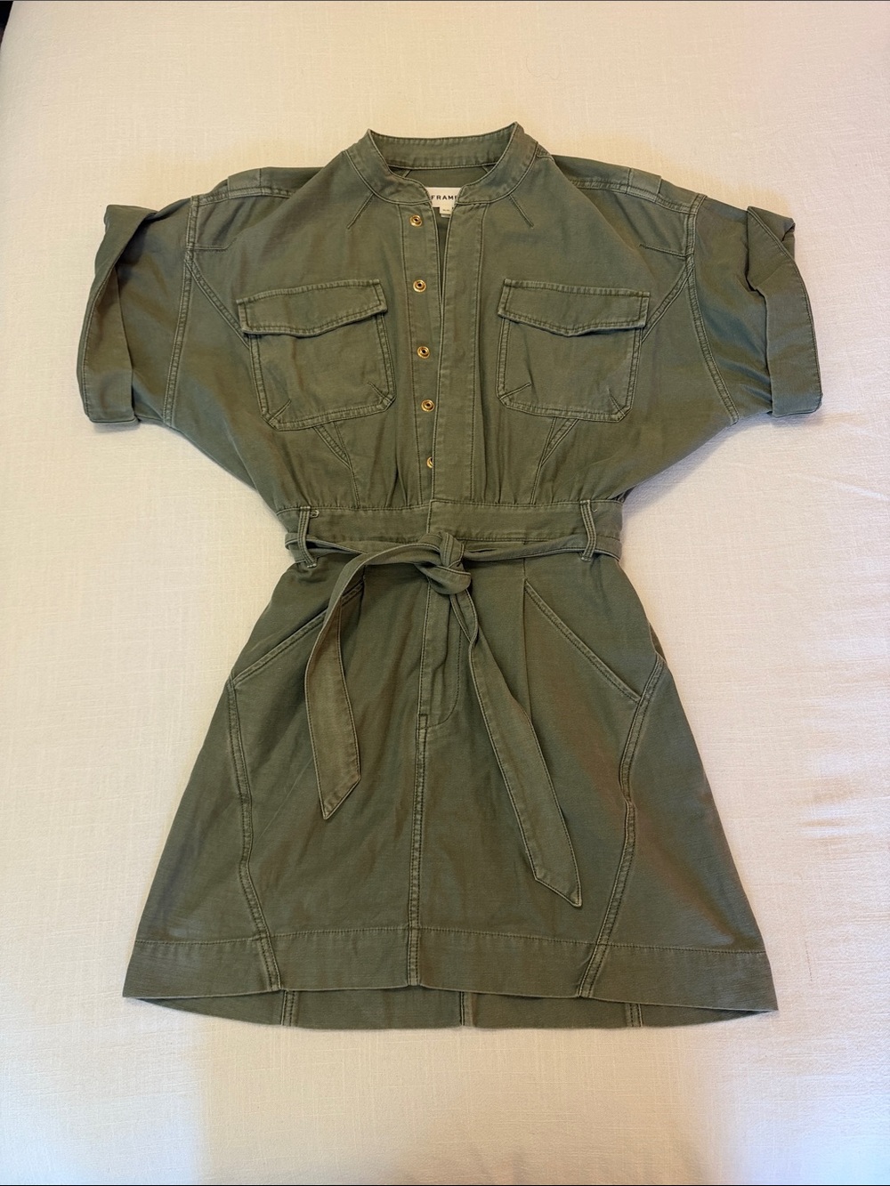 FRAME Twisted Shirt Dress in Washed Military